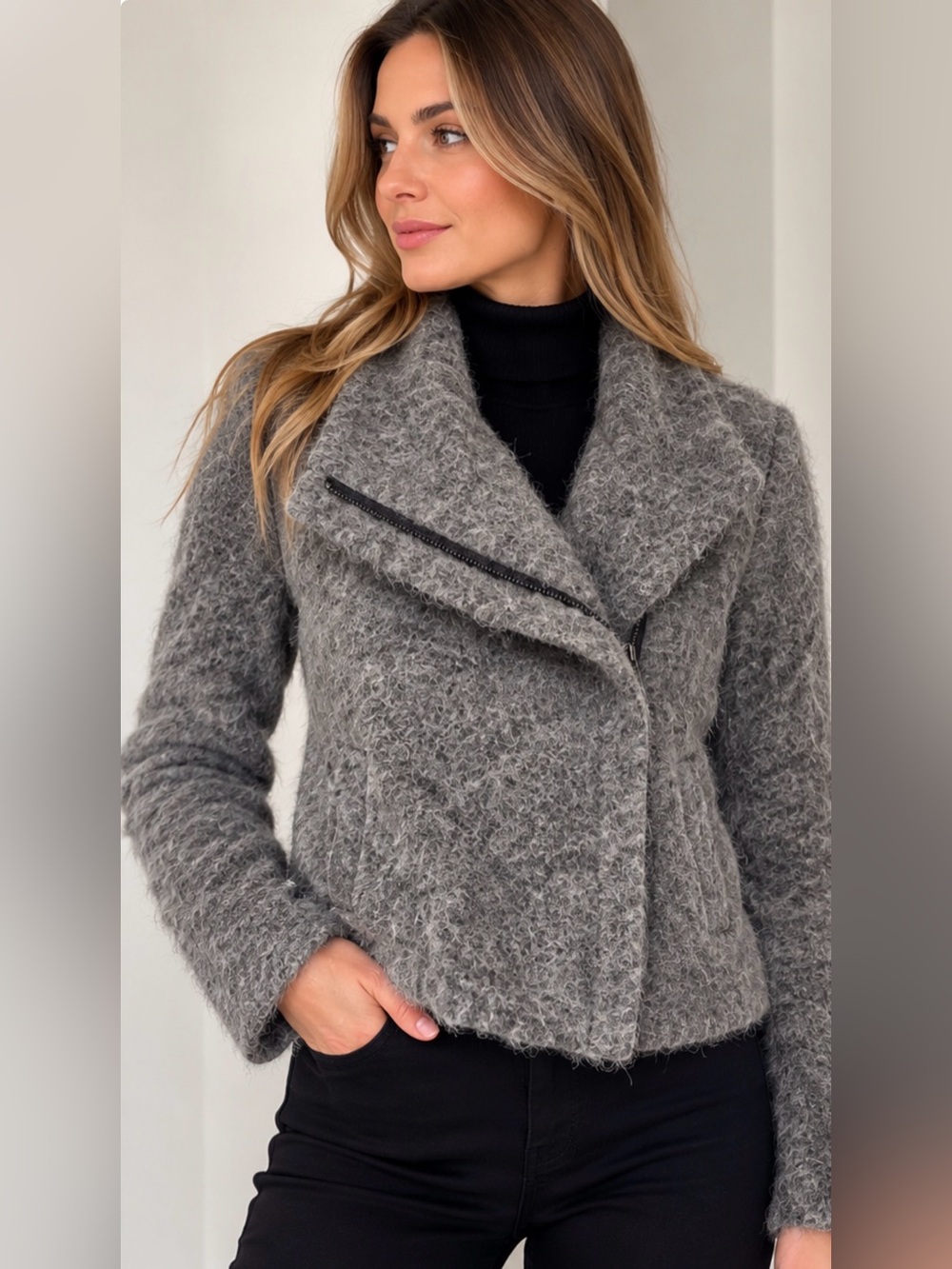Marisa & Marie Made in Italy Fuzzy Wool Moto Jacket XS Gray